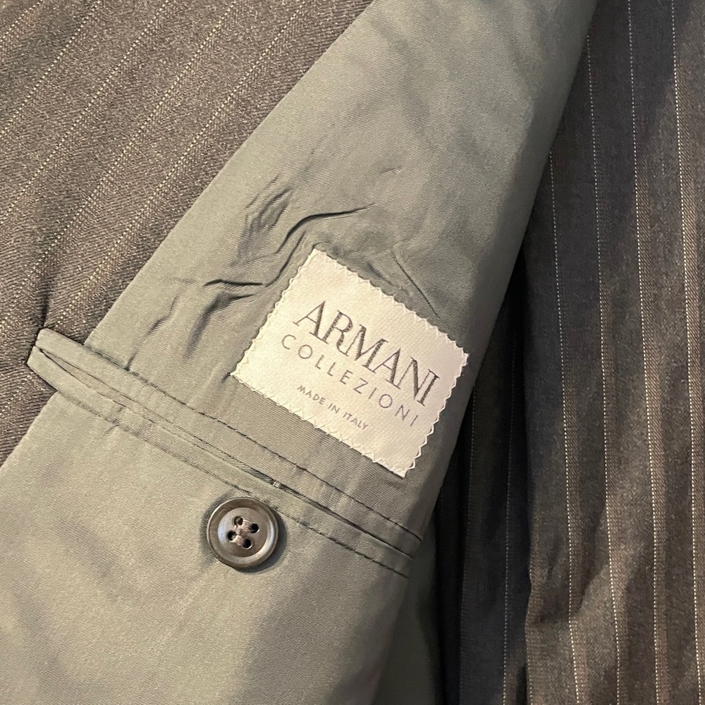 Armani Collezioni Charcoal Striped Jacket & Pants: Size 42R. Inseam 29.5”.